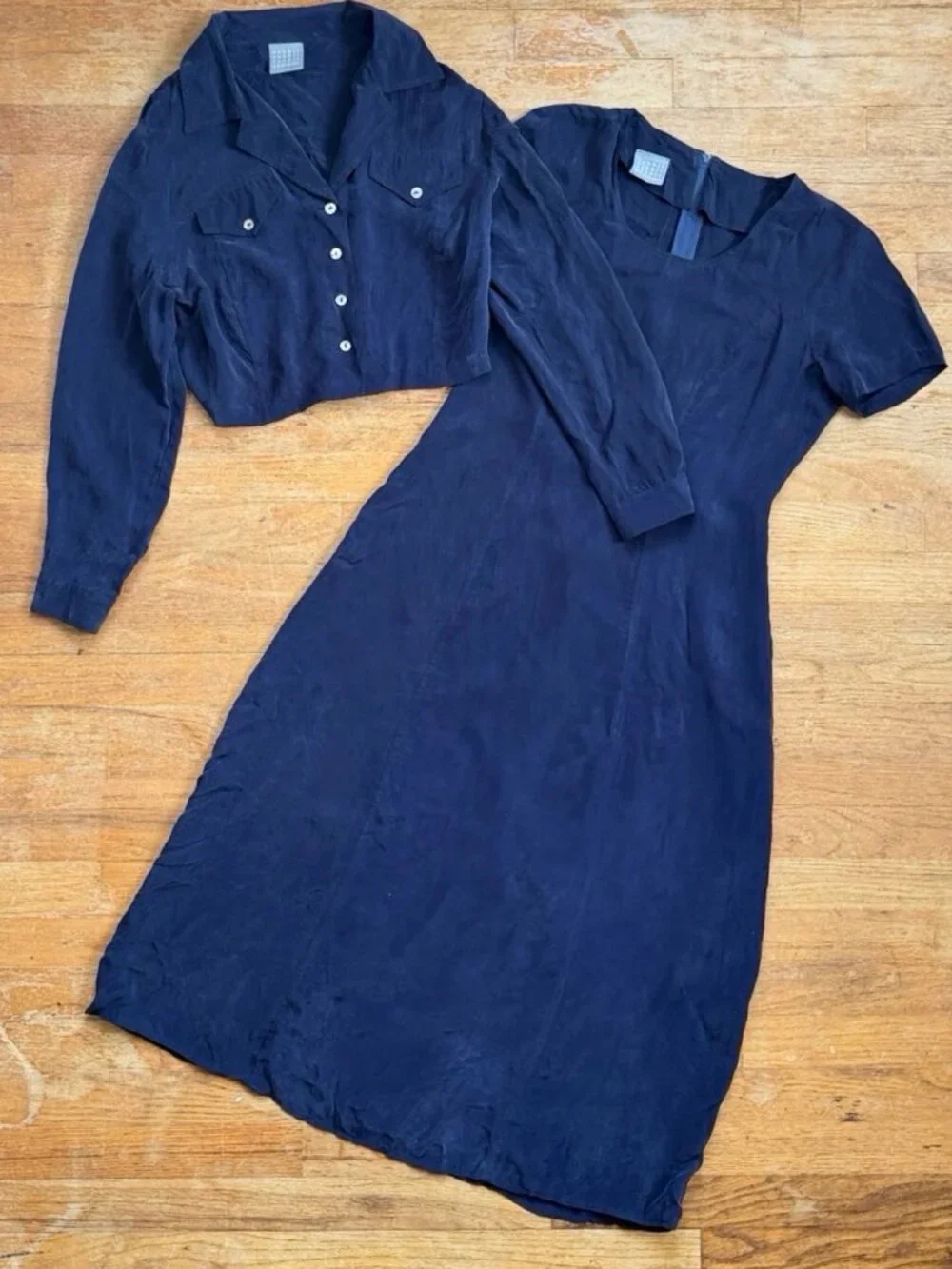 Vintage Dark Blue Dress & Top Set Size Small 90s Bember Rayon Co Ord Oufit Set